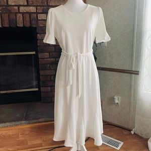 DKNY Womens 10 Ivory Short Sleeve Godet Fit & Flare Midi Dress Belted Crepe NWOT